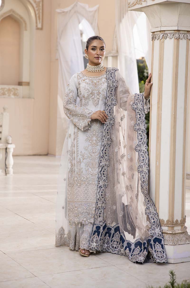 Imrozia Premium Inspired Embroidered 3 Piece Ice Wedding Outfit with Sharara Trousers