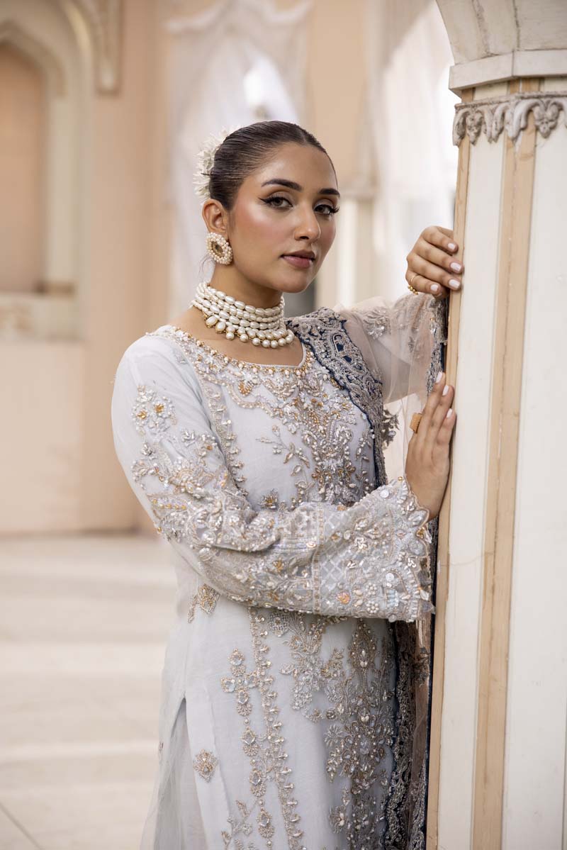 Imrozia Premium Inspired Embroidered 3 Piece Ice Wedding Outfit with Sharara Trousers