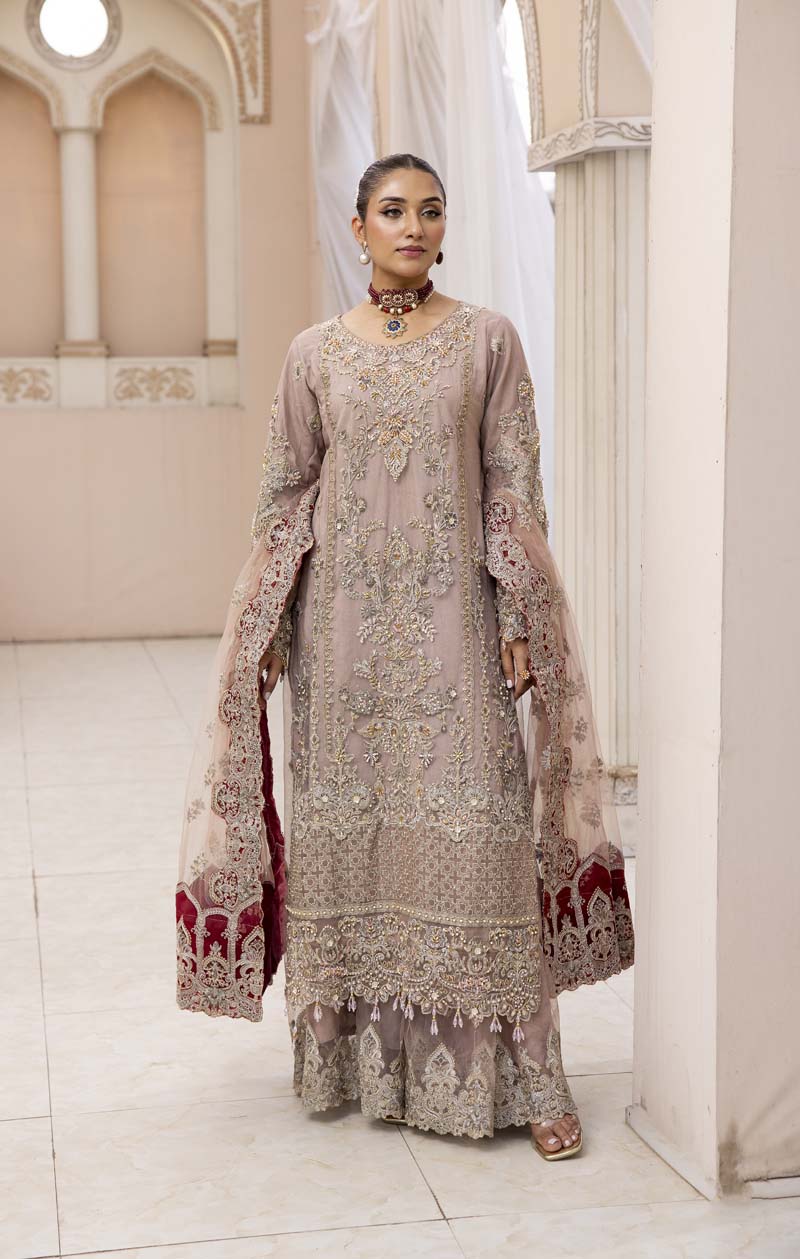 Imrozia Premium Inspired Embroidered 3 Piece Pink Sharara Wedding Outfit