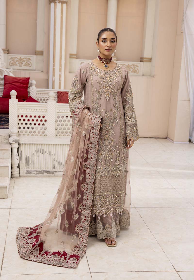 Imrozia Premium Inspired Embroidered 3 Piece Pink Sharara Wedding Outfit