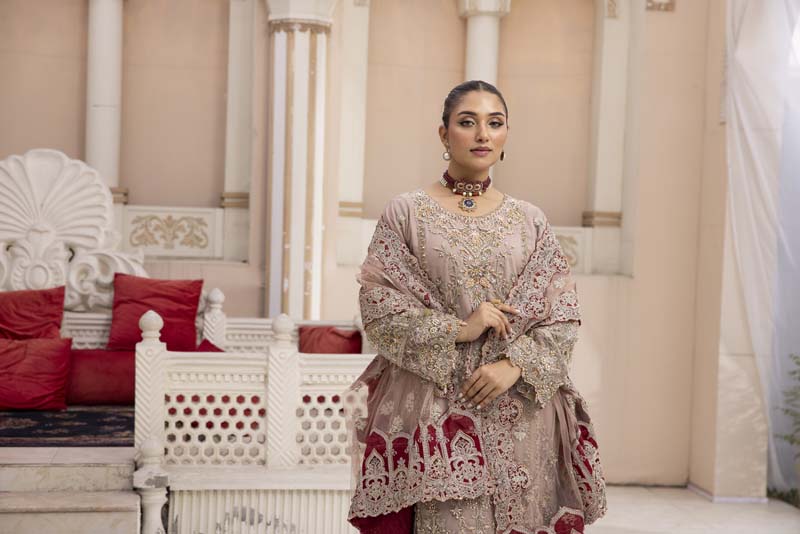 Imrozia Premium Inspired Embroidered 3 Piece Pink Sharara Wedding Outfit