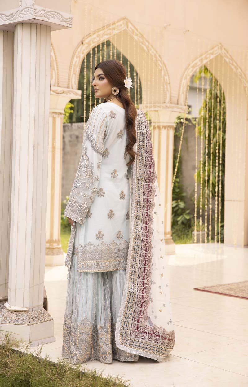 Imrozia Premium Inspired Embroidered Blue 3 Piece Wedding Gharara Outfit