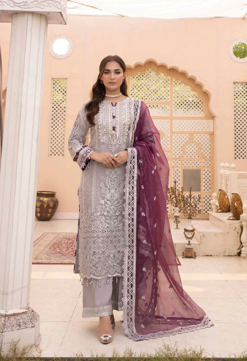 Imrozia Premium Inspired Embroidered 3 Piece Violaceous Wedding Outfit