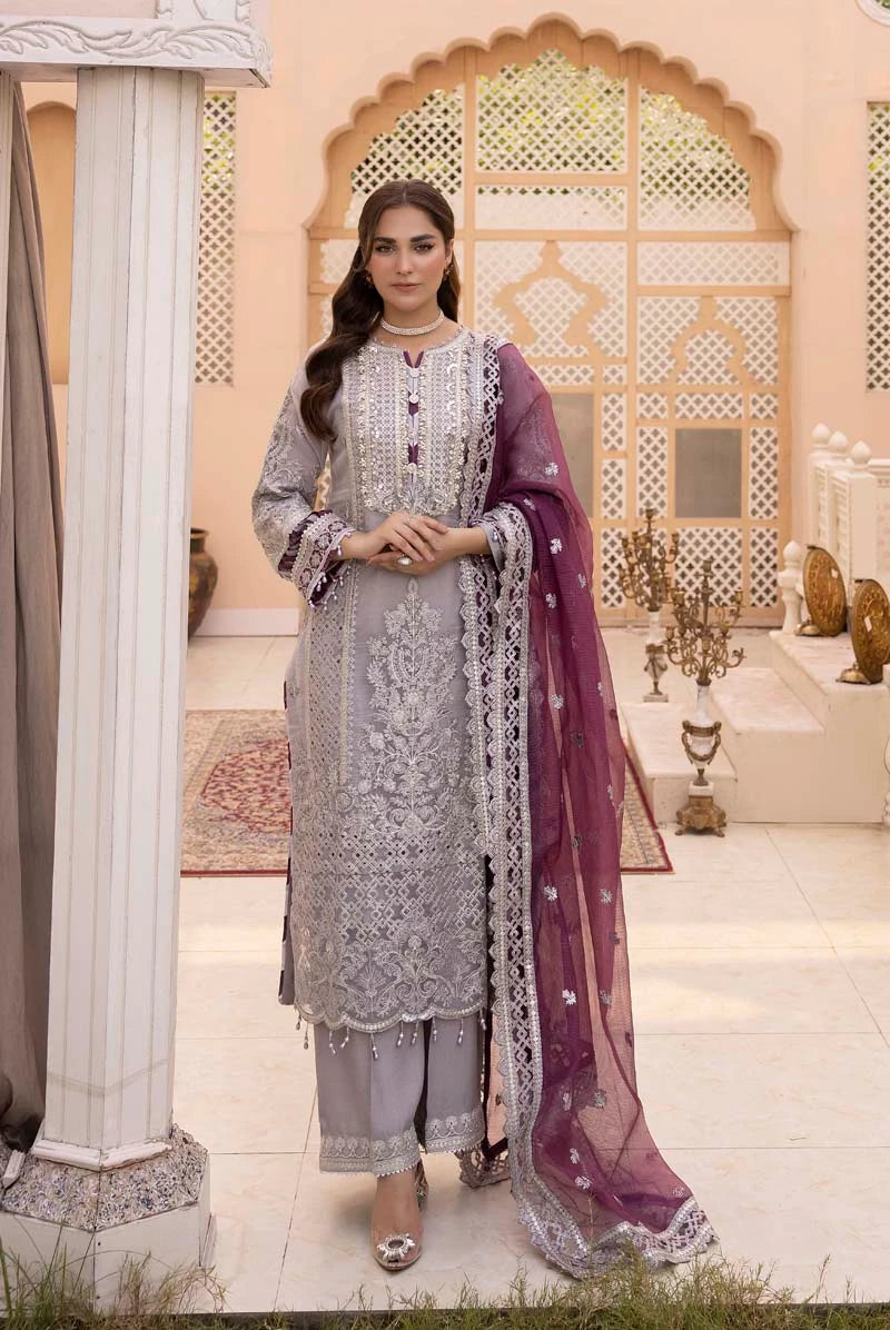 Imrozia Premium Inspired Embroidered 3 Piece Violaceous Wedding Outfit