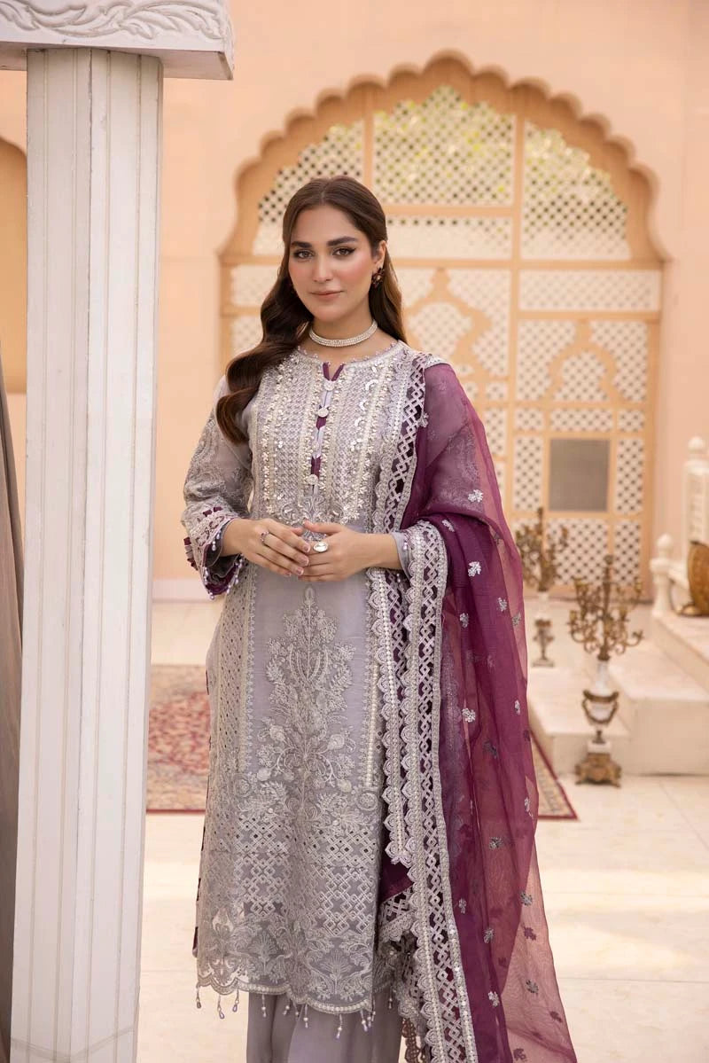 Imrozia Premium Inspired Embroidered 3 Piece Violaceous Wedding Outfit