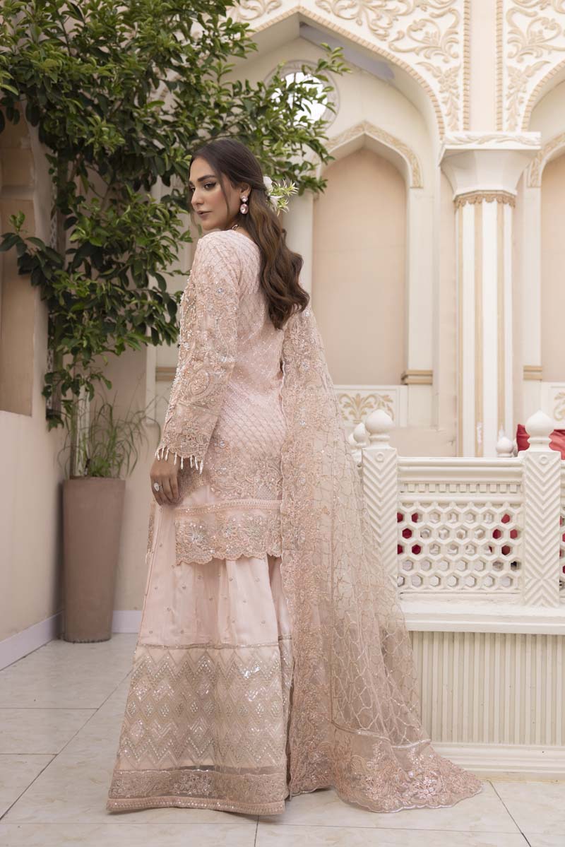 Imrozia Premium Inspired Embroidered Pink 3 Piece Wedding Sharara Outfit