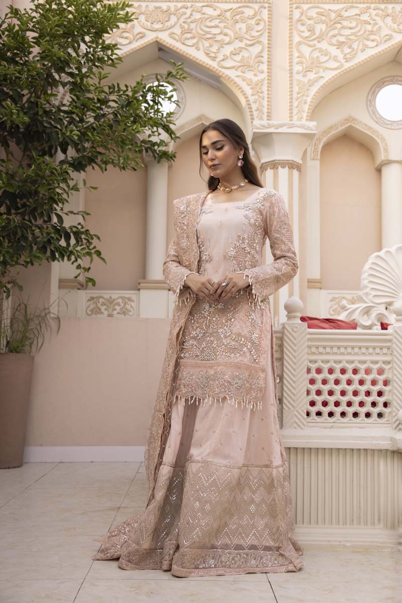 Imrozia Premium Inspired Embroidered Pink 3 Piece Wedding Sharara Outfit