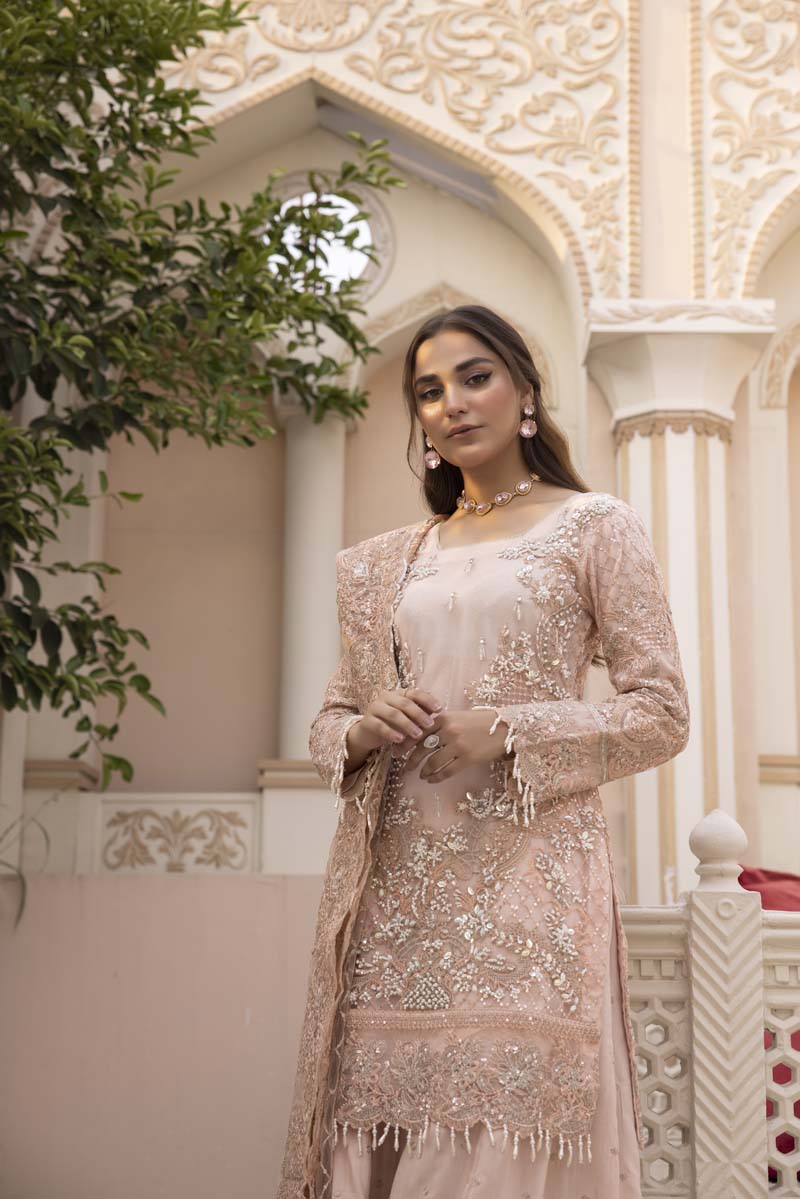 Imrozia Premium Inspired Embroidered Pink 3 Piece Wedding Sharara Outfit