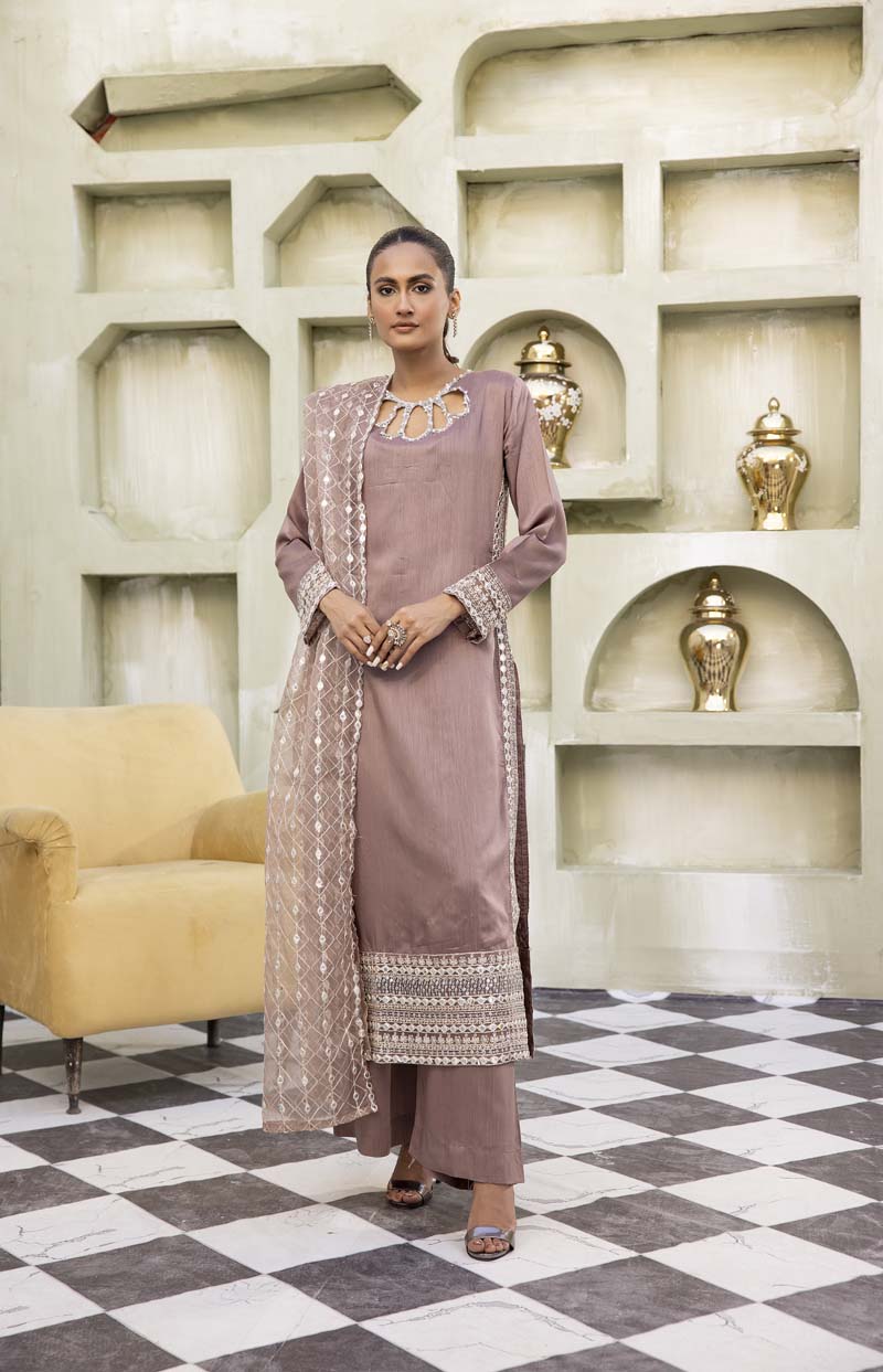 Nakhra 3 Piece Mocha Brown Suit with Embroidered Net Dupatta - Desi Posh