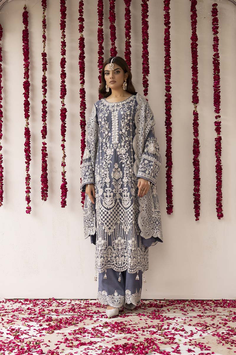 Imrozia Premium Inspired Embroidered 3 Piece Grey Palazzo Wedding Outfit