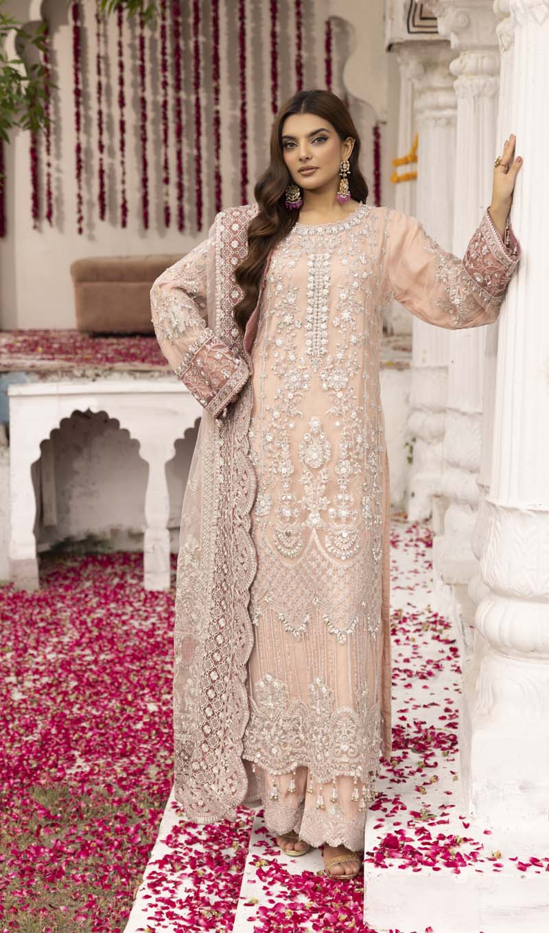 Imrozia Premium Inspired Embroidered 3 Piece Peach Palazzo Wedding Outfit