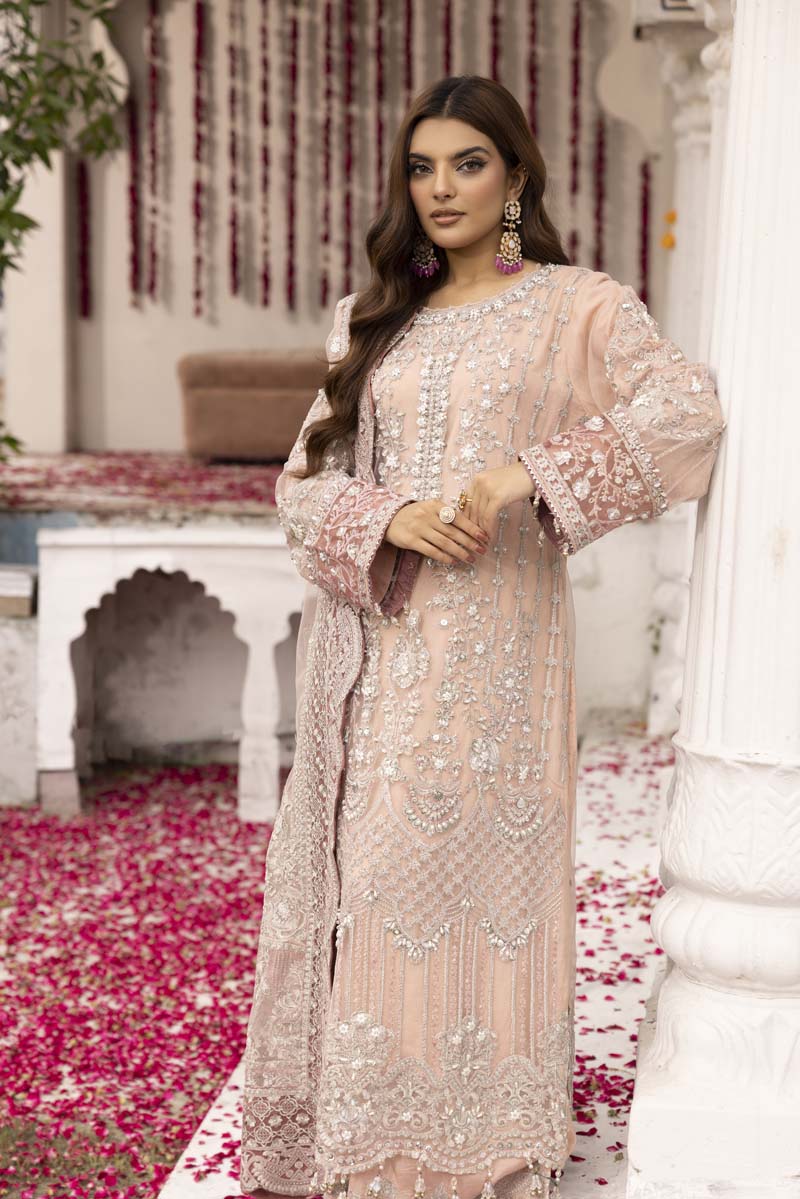 Imrozia Premium Inspired Embroidered 3 Piece Peach Palazzo Wedding Outfit