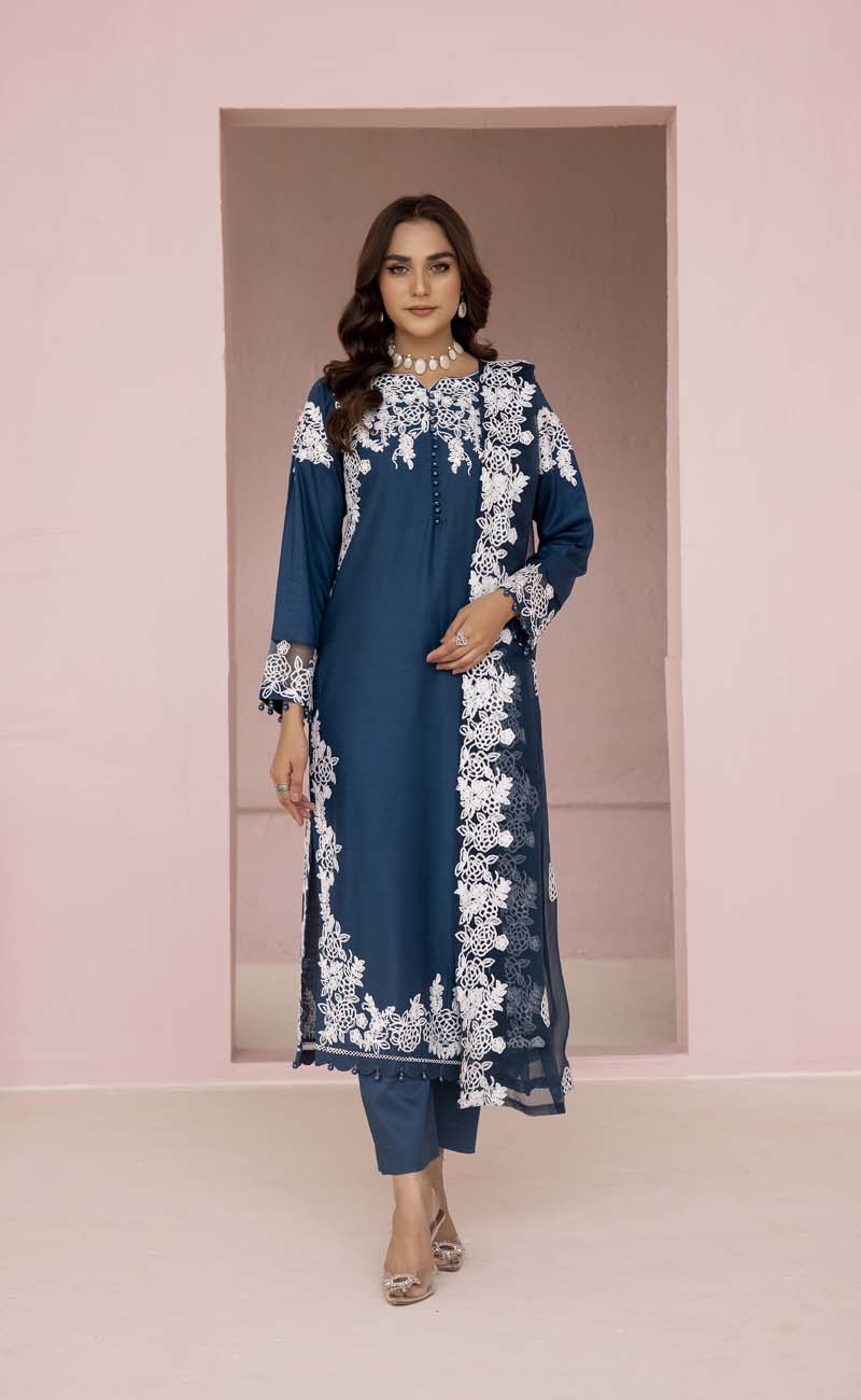 Glam Teal Embroidered Linen 3 Piece Suit With Chiffon Dupatta - Desi Posh