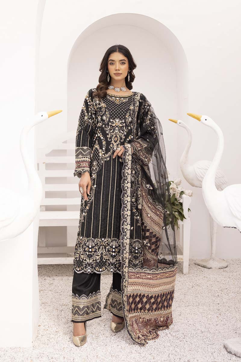 Imrozia Premium Inspired Embroidered 3 Piece Black Wedding Outfit - Desi Posh