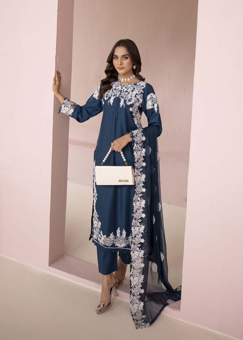 Glam Teal Embroidered Linen 3 Piece Suit With Chiffon Dupatta - Desi Posh