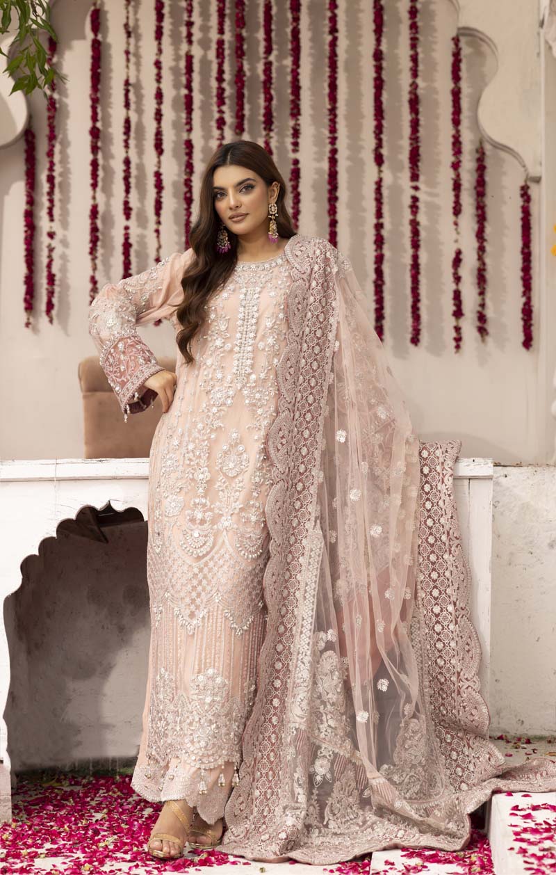 Imrozia Premium Inspired Embroidered 3 Piece Peach Palazzo Wedding Outfit