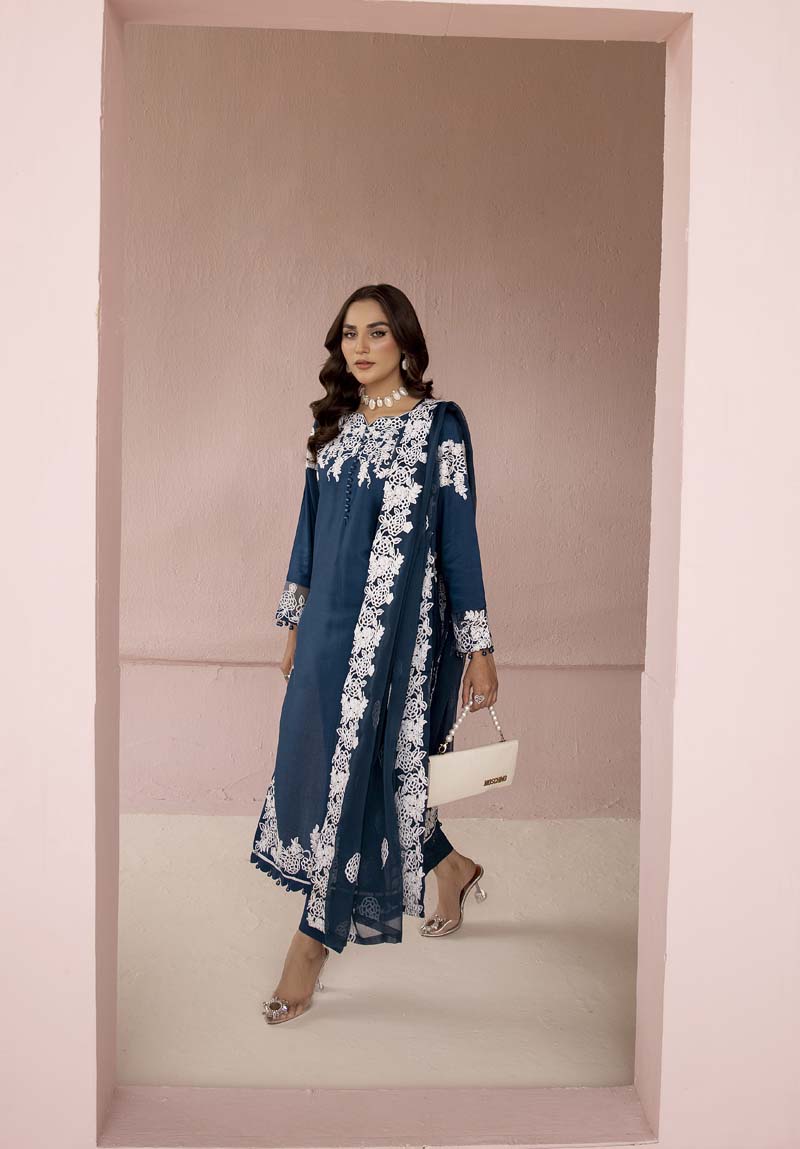 Glam Teal Embroidered Linen 3 Piece Suit With Chiffon Dupatta - Desi Posh