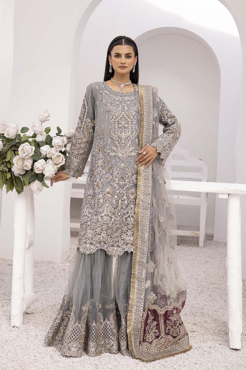 Imrozia Premium Inspired 3 Piece Wedding Gharara Outfit Grey - Desi Posh