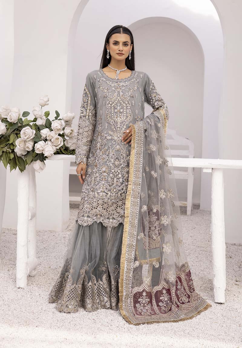 Imrozia Premium Inspired 3 Piece Wedding Gharara Outfit Grey - Desi Posh