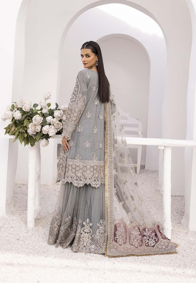 Imrozia Premium Inspired 3 Piece Wedding Gharara Outfit Grey - Desi Posh