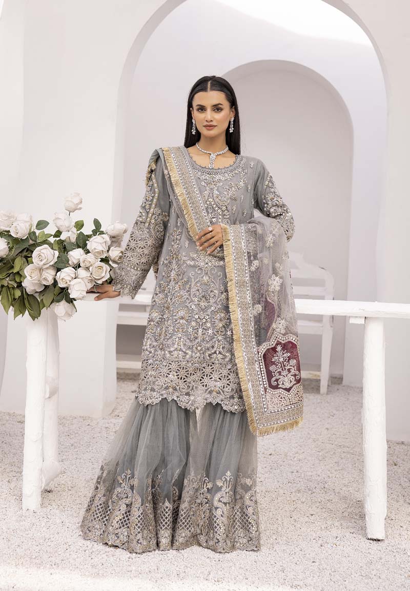 Imrozia Premium Inspired 3 Piece Wedding Gharara Outfit Grey - Desi Posh