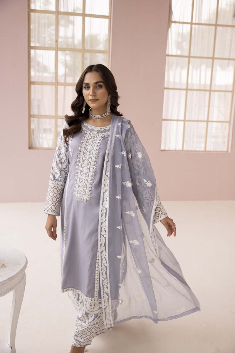 Fiza Grey Embroidered Eid 3 Piece Suit With Chiffon Dupatta - Desi Posh