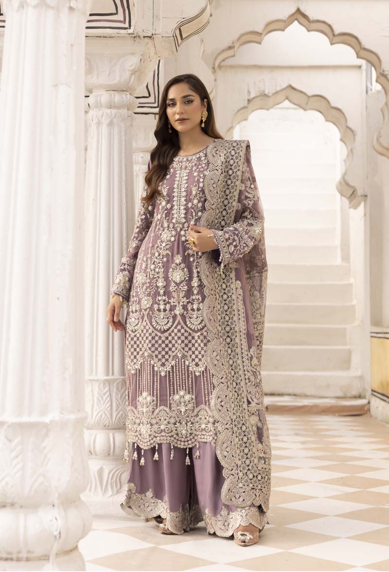 Imrozia Premium Inspired Embroidered 3 Piece Lilac Palazzo Wedding Outfit