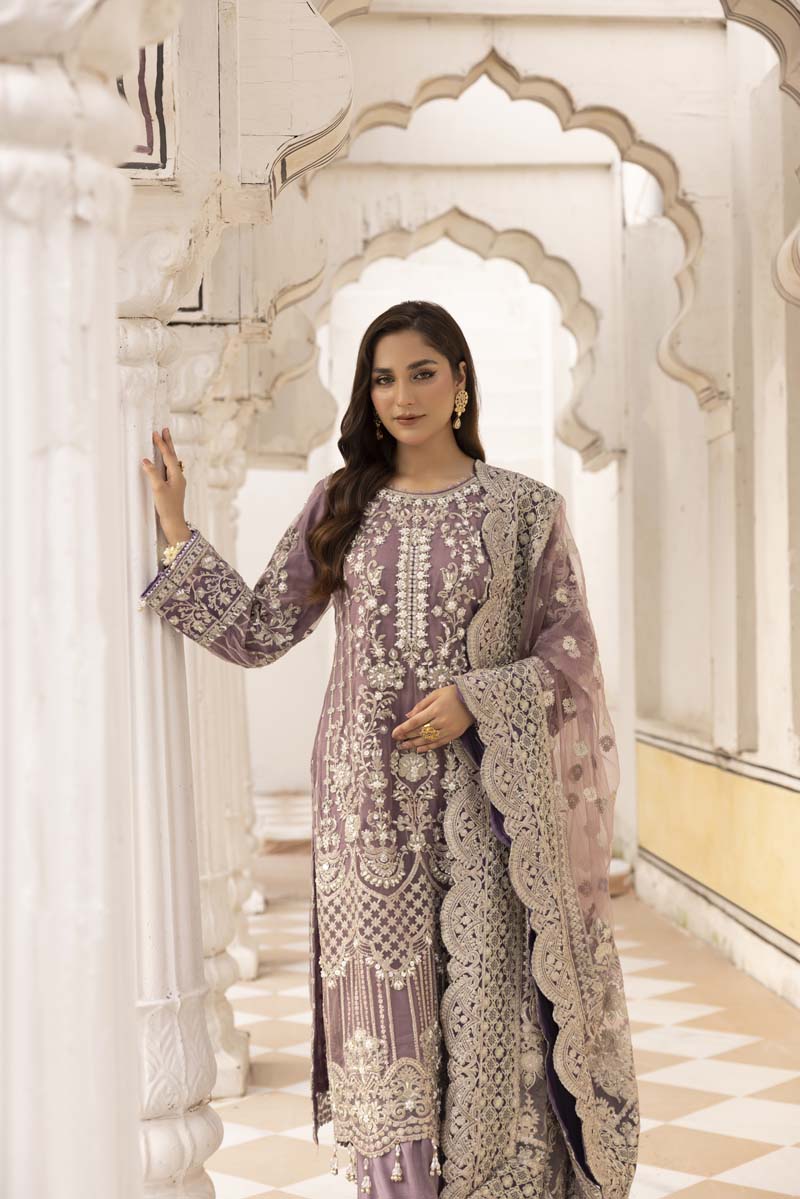 Imrozia Premium Inspired Embroidered 3 Piece Lilac Palazzo Wedding Outfit