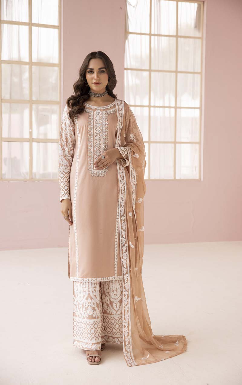 Fiza Peach Embroidered Eid 3 Piece Suit With Chiffon Dupatta - Desi Posh