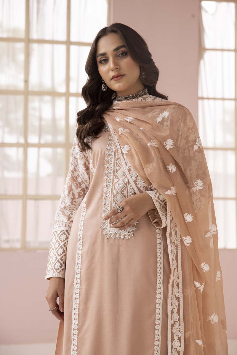 Fiza Peach Embroidered Eid 3 Piece Suit With Chiffon Dupatta - Desi Posh