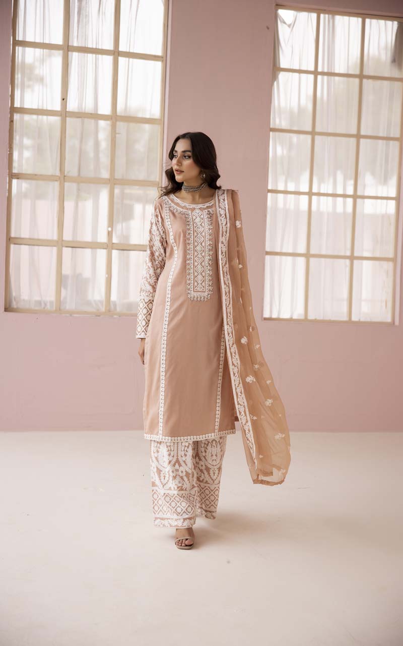 Fiza Peach Embroidered Eid 3 Piece Suit With Chiffon Dupatta - Desi Posh