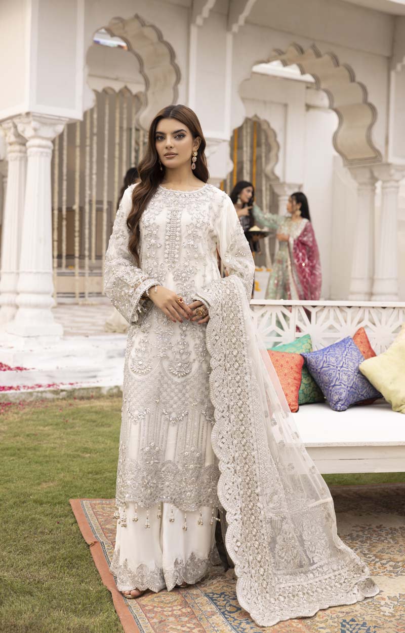 Imrozia Premium Inspired Embroidered 3 Piece White Palazzo Wedding Outfit