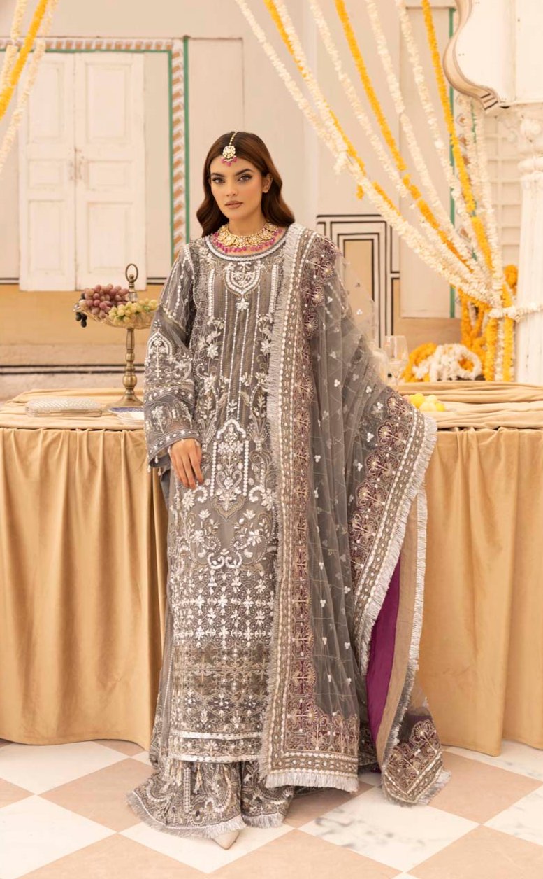 Imrozia Premium Inspired Embroidered Grey 3 Piece Wedding Sharara Outfit