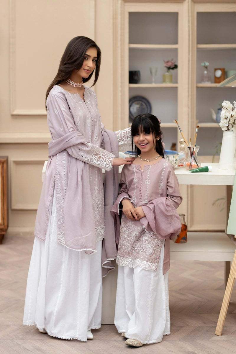 Simrans Mummy & Me Girls Chikan Kari Lilac Suit