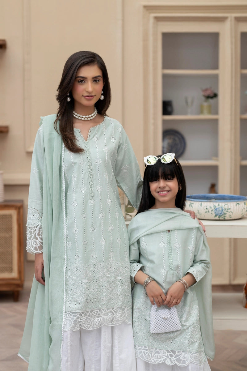 Simrans Mummy & Me Girls Chikan Kari Green Suit