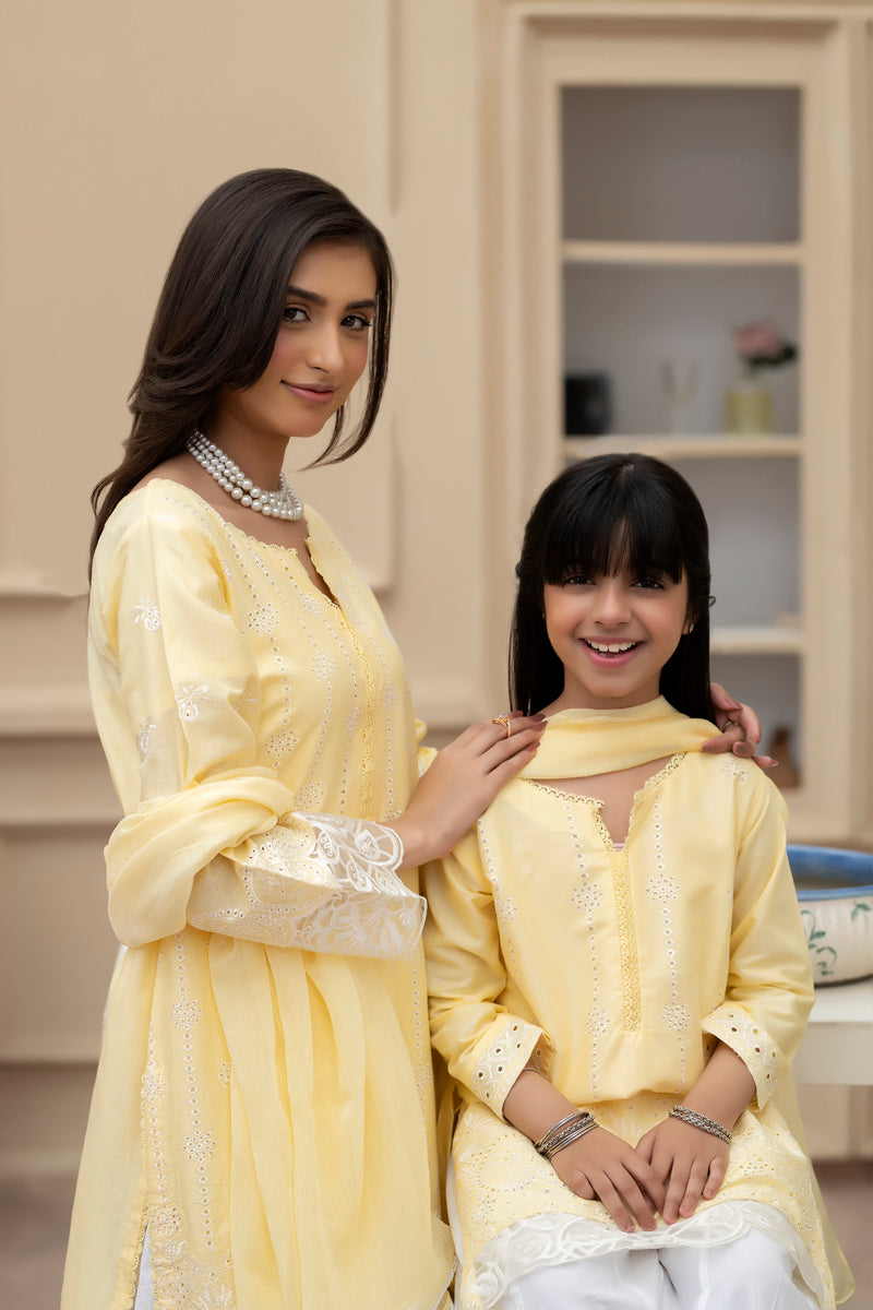 Simrans Mummy & Me Girls Chikan Kari Yellow Suit