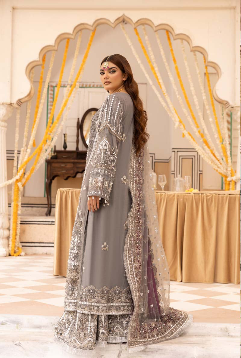 Imrozia Premium Inspired Embroidered Grey 3 Piece Wedding Sharara Outfit