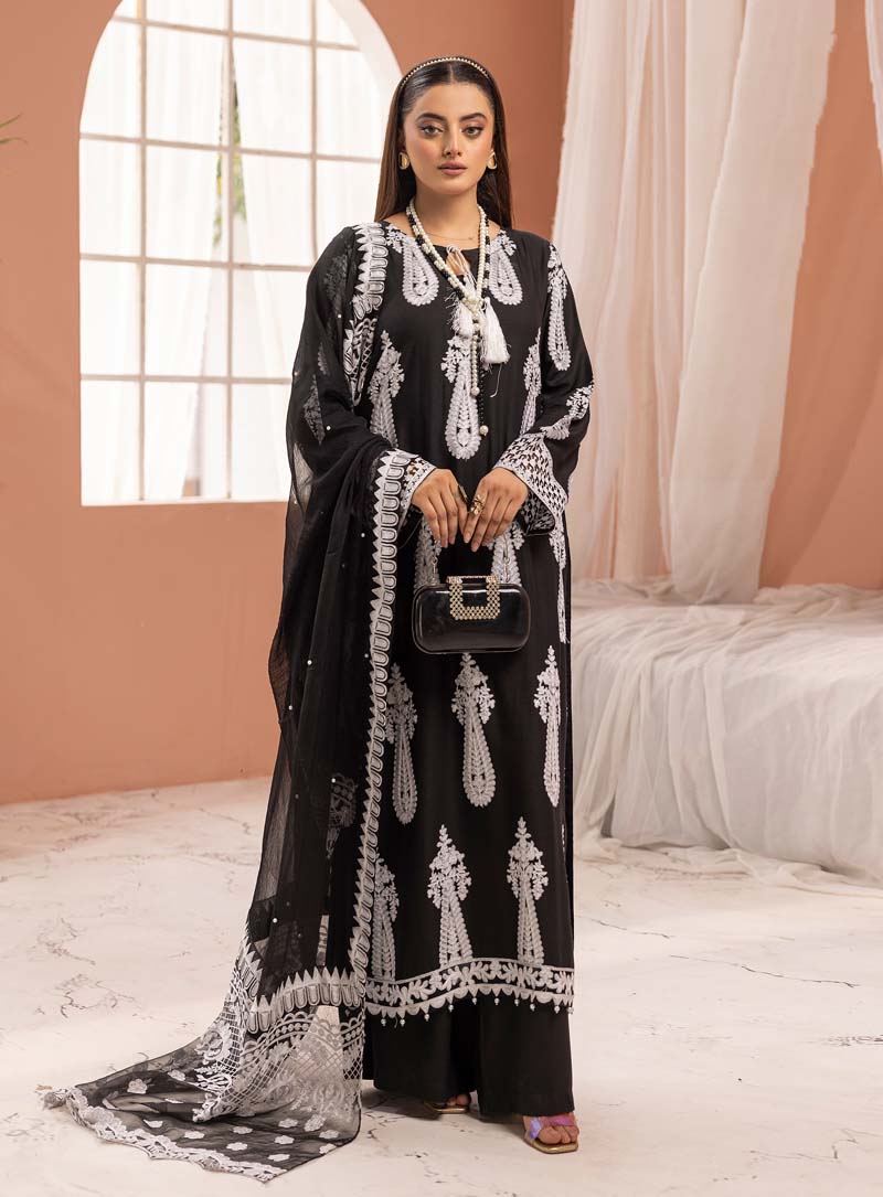 Aliyah Black Linen Embroidered 3 Piece Suit With Organza Dupatta