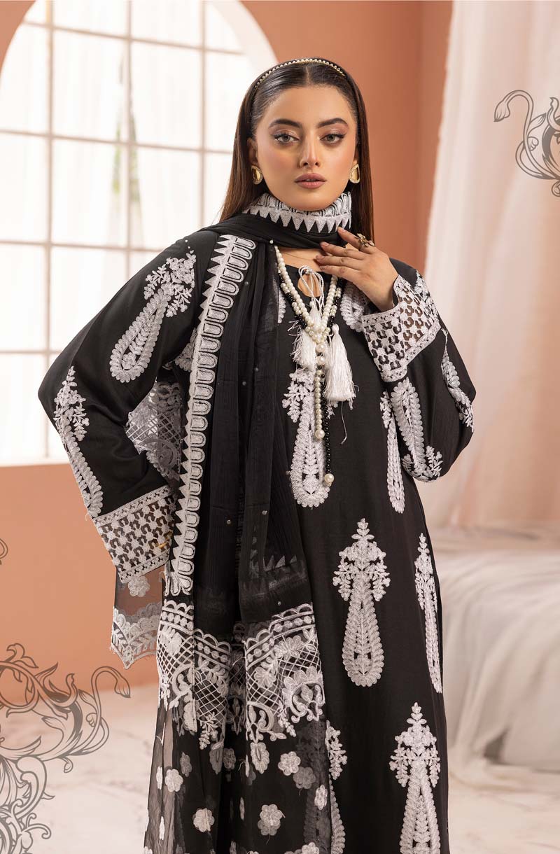 Aliyah Black Linen Embroidered 3 Piece Suit With Organza Dupatta