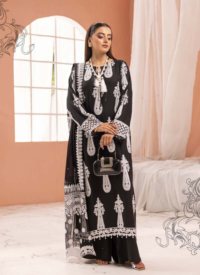 Aliyah Black Linen Embroidered 3 Piece Suit With Organza Dupatta