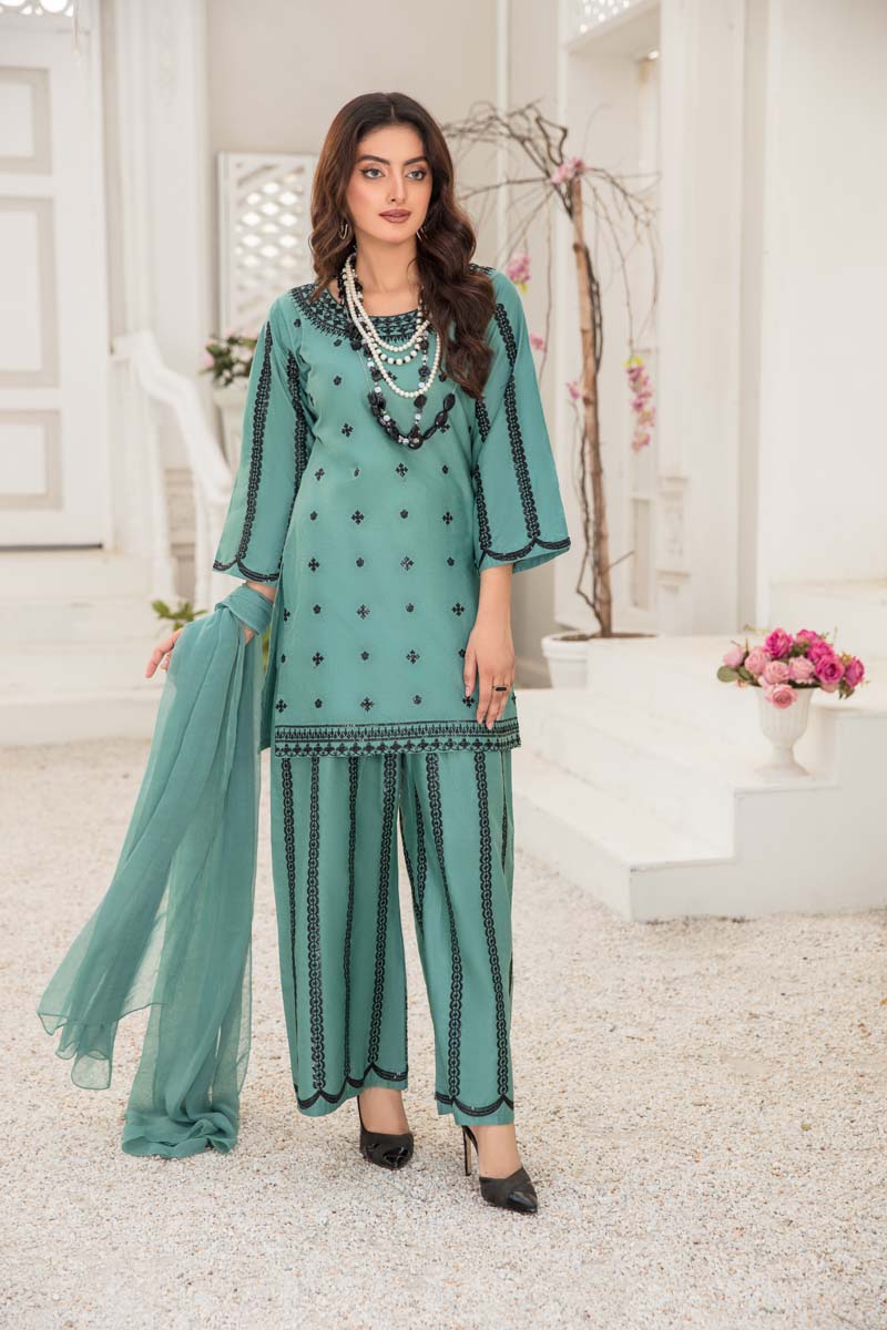 Soraya 3 Piece Short Kameez Embroidered Teal Green Palazzo Suit 913 ...