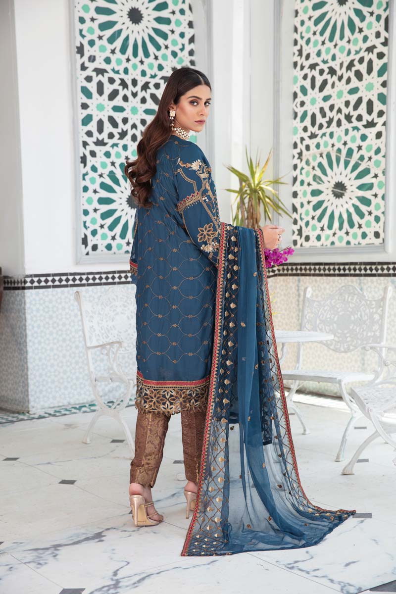 Aroosh Luxury Embroidered Teal Blue 3 Piece Wedding Outfit - Desi Posh