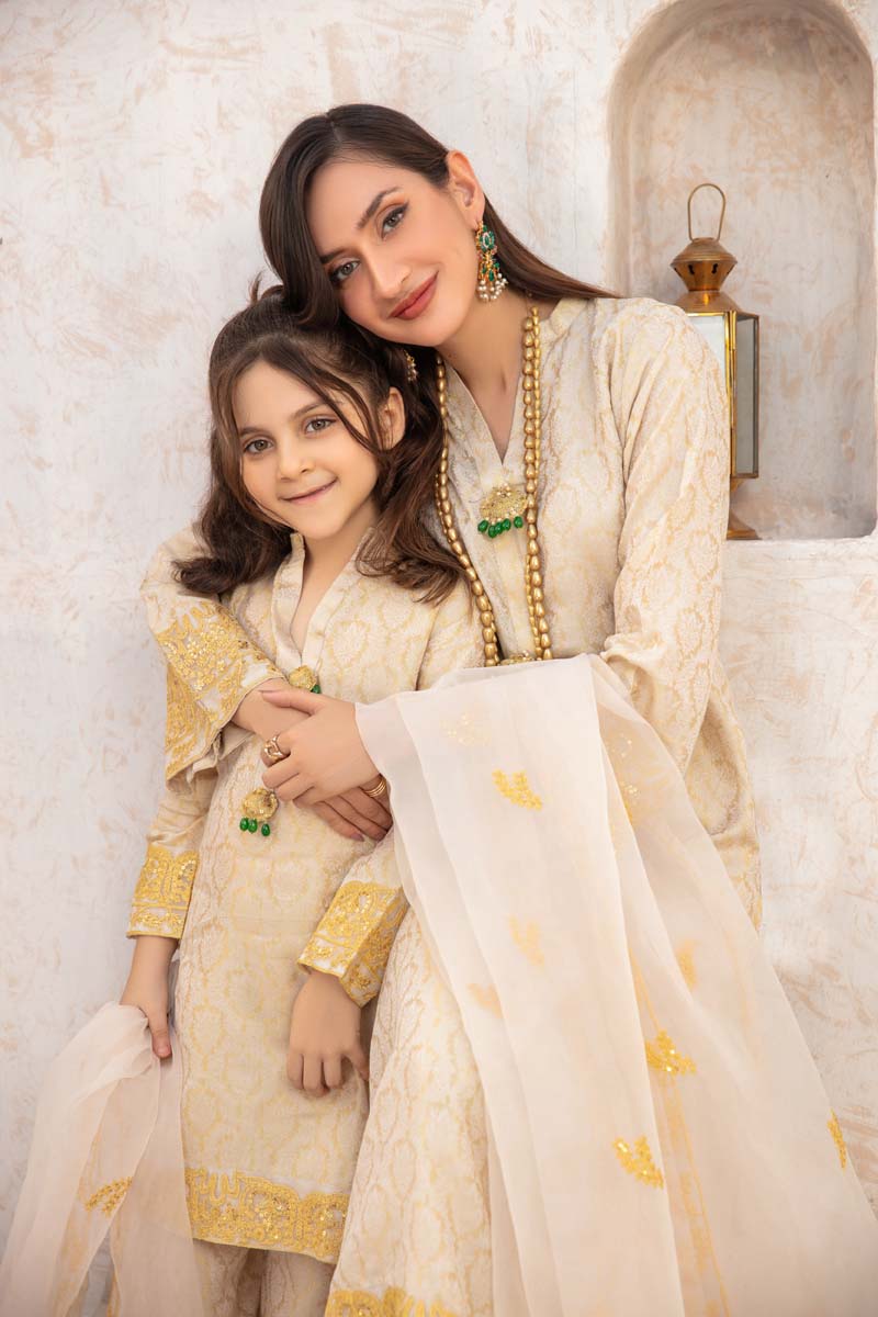 Simrans Jacquard Mummy & Me Kids Eid suit Ivory Gold - Desi Posh