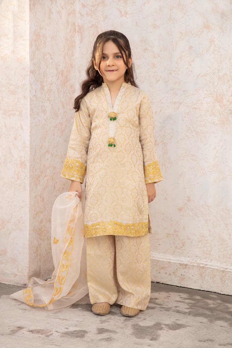 Simrans Jacquard Mummy & Me Kids Eid suit Ivory Gold - Desi Posh