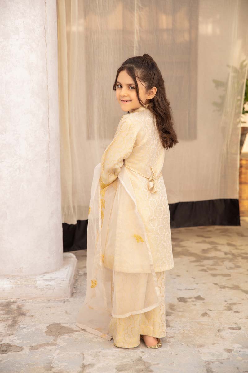 Simrans Jacquard Mummy & Me Kids Eid suit Ivory Gold - Desi Posh