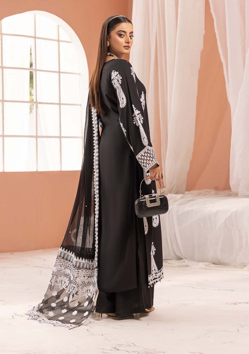 Aliyah Black Linen Embroidered 3 Piece Suit With Organza Dupatta