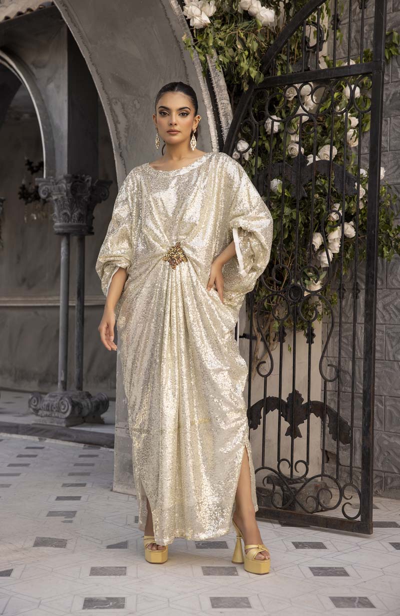 Moonlight Net Eid Kaftan Off White - Desi Posh