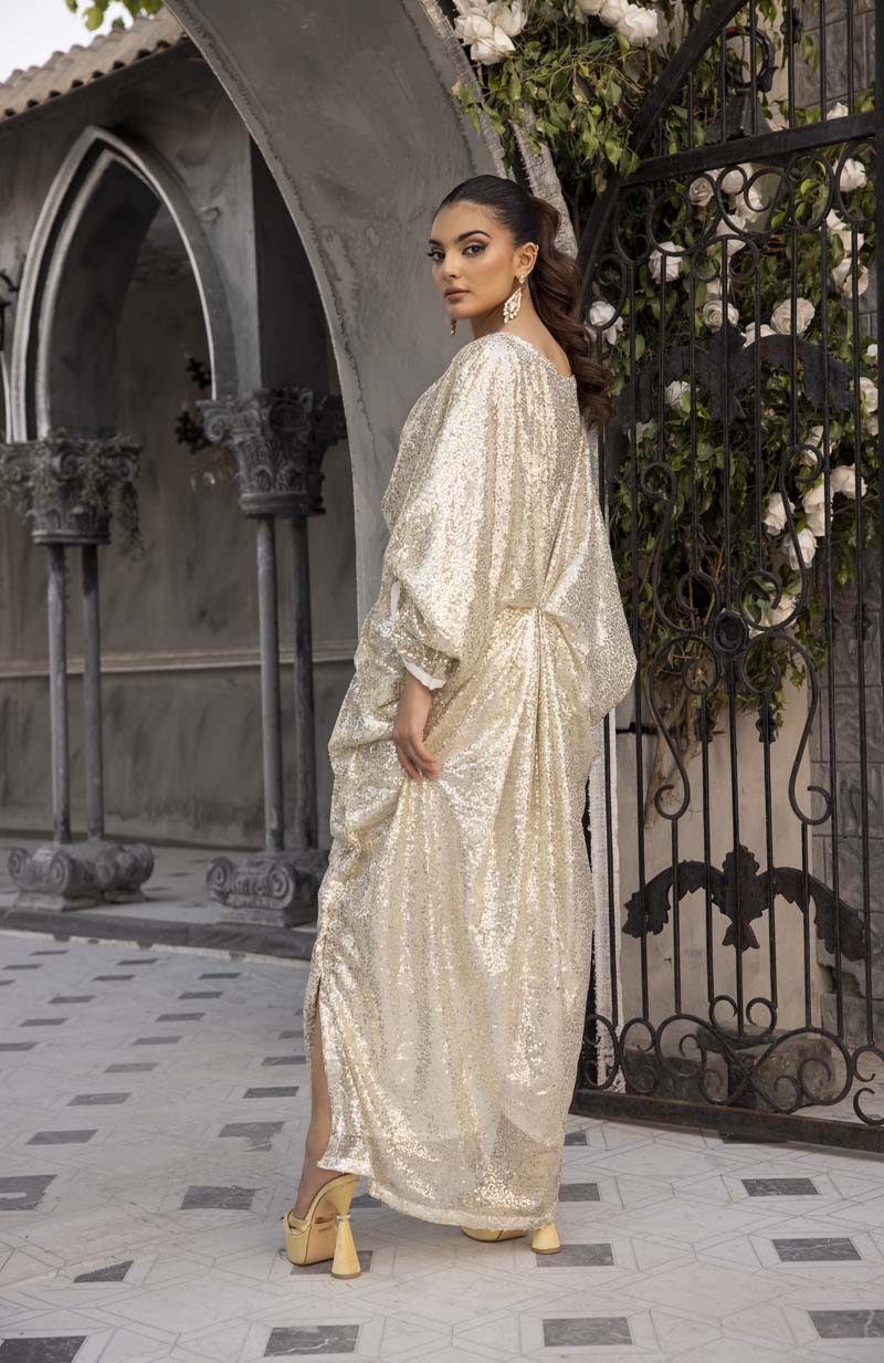 Moonlight Net Eid Kaftan Off White - Desi Posh