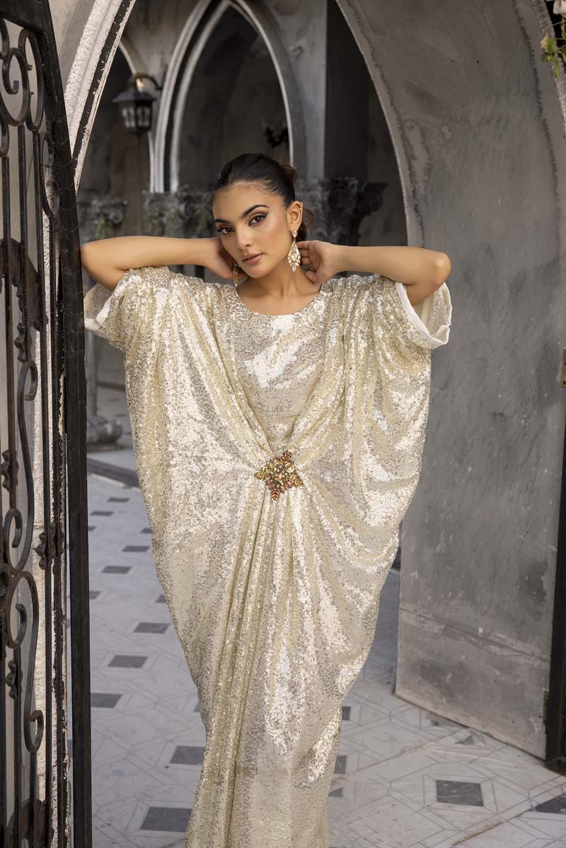 Moonlight Net Eid Kaftan Off White - Desi Posh