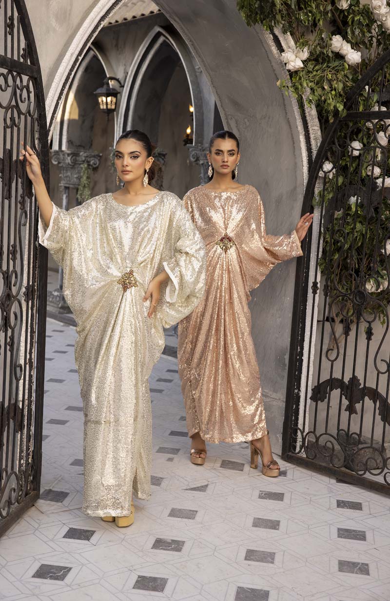 Moonlight Net Eid Kaftan Peachy Gold - Desi Posh